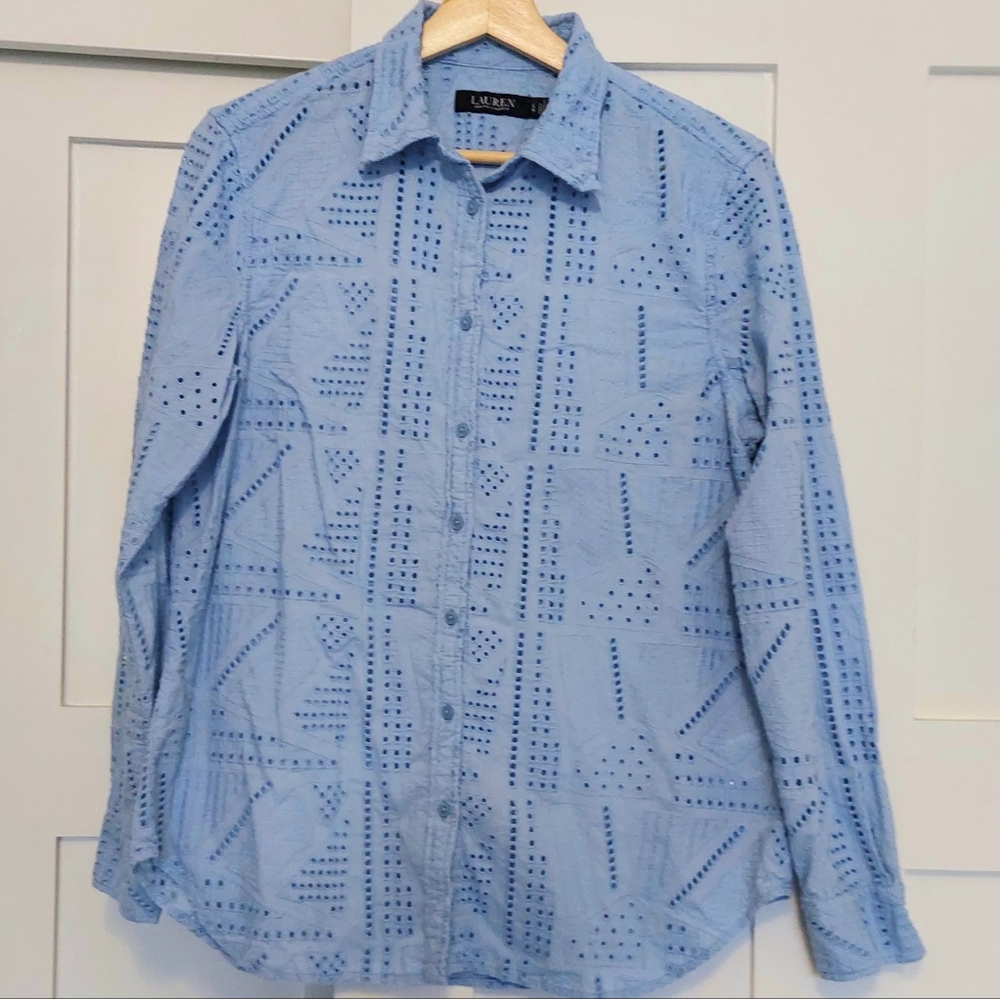 Lauren By Ralph Lauren Eyelet Button Up Long Sleeve Blue Shirt Large Preppy